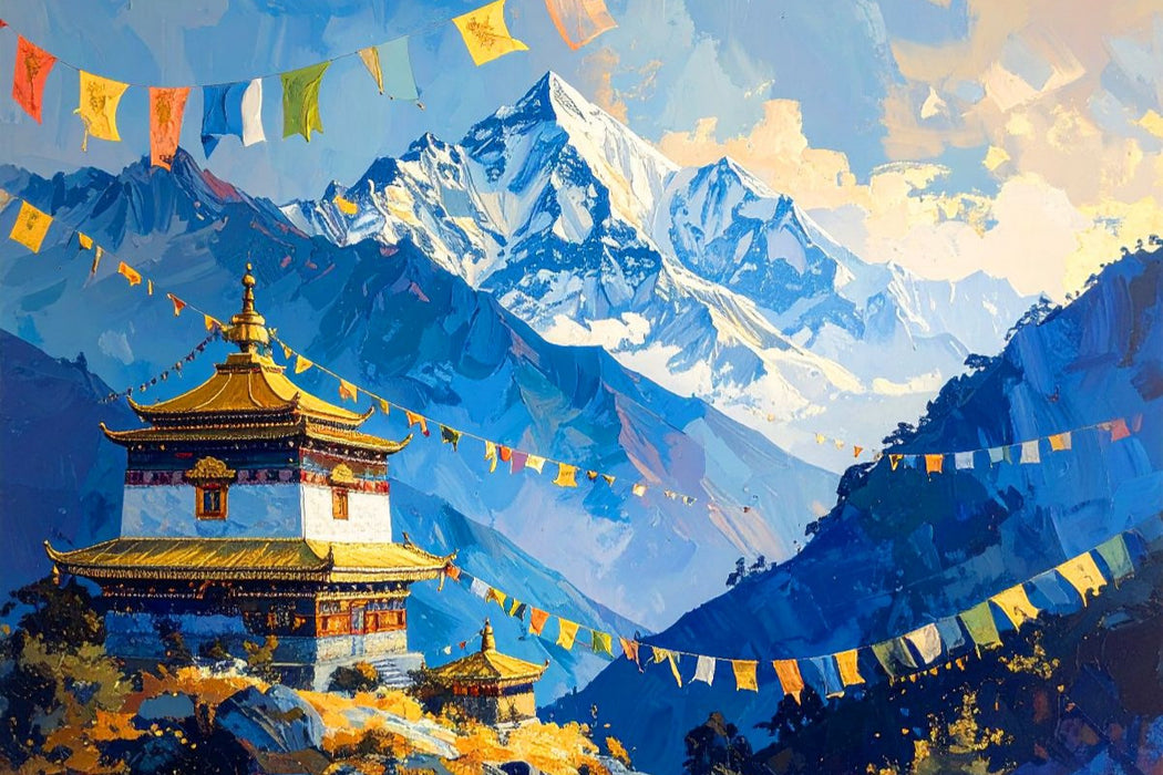 Premium Textil-Leinwand Himalaya und Buddhismus - Tibetische Gebetsfahnen
