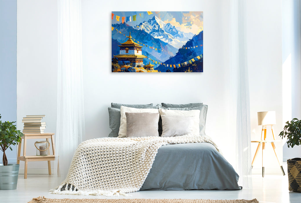 Premium Textil-Leinwand Himalaya und Buddhismus - Tibetische Gebetsfahnen