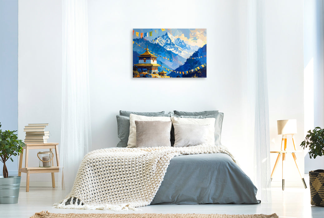 Premium Textil-Leinwand Himalaya und Buddhismus - Tibetische Gebetsfahnen