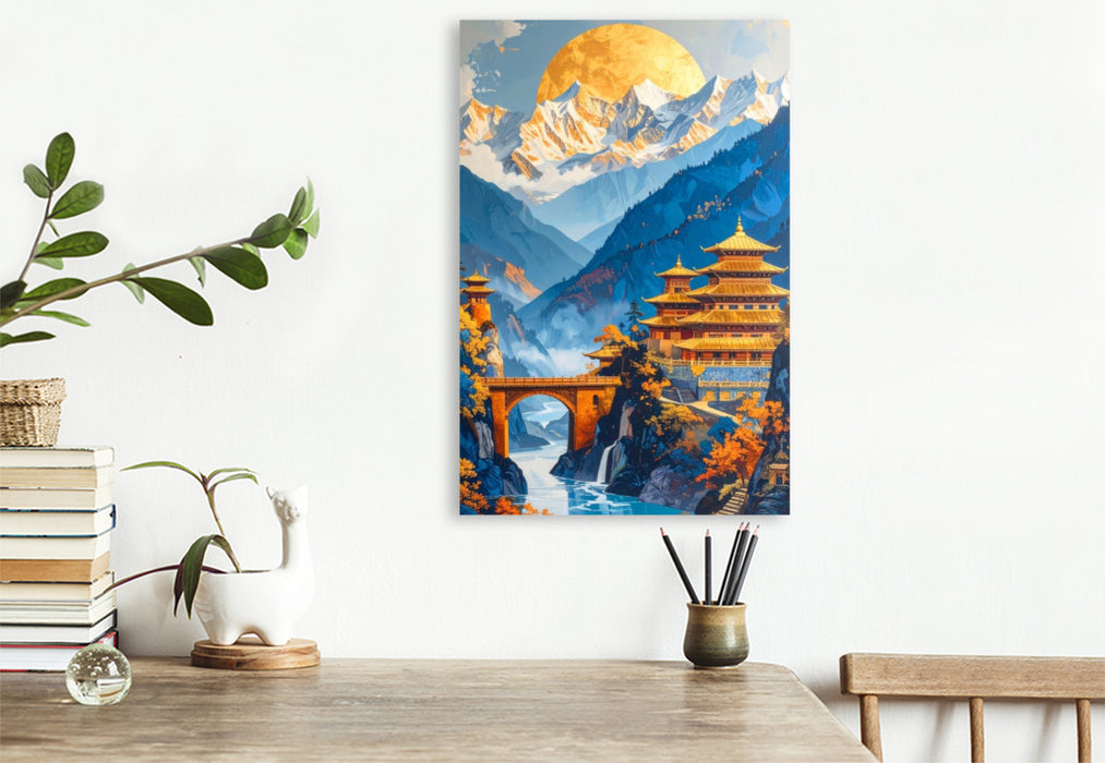 Premium Textil-Leinwand Weg durch die Berge - Buddhismus in Tibet