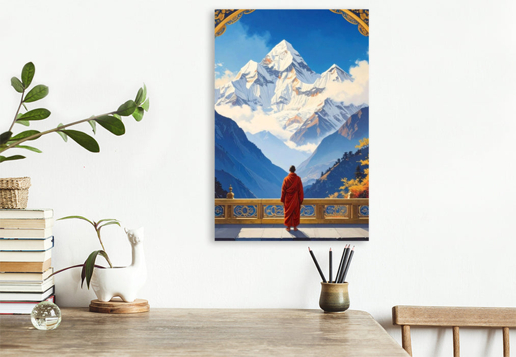 Premium Textil-Leinwand Buddhistischer Mönch mit Blick auf den Himalaya
