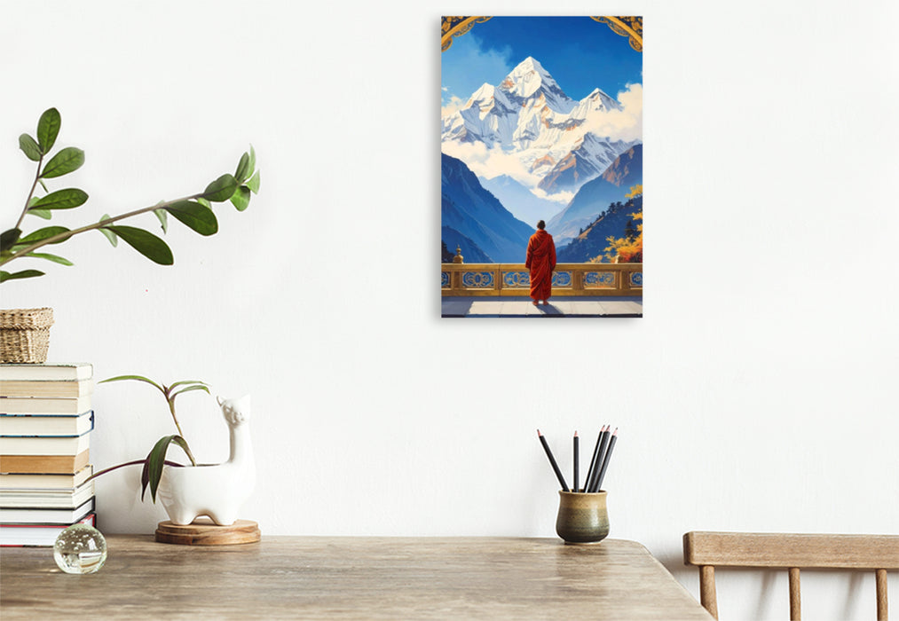 Premium Textil-Leinwand Buddhistischer Mönch mit Blick auf den Himalaya