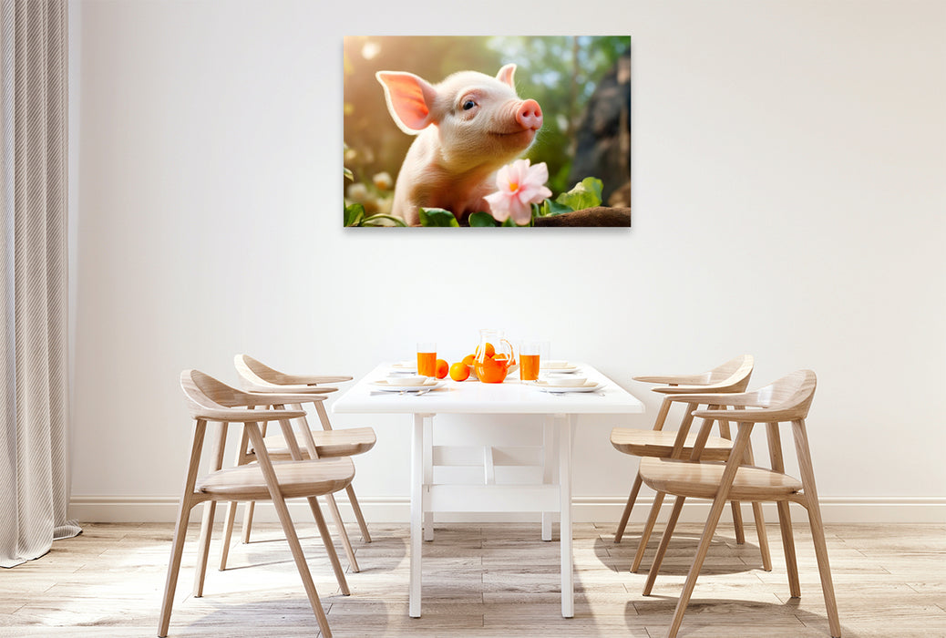 Premium Textil-Leinwand Niedliches Ferkel im Garten
