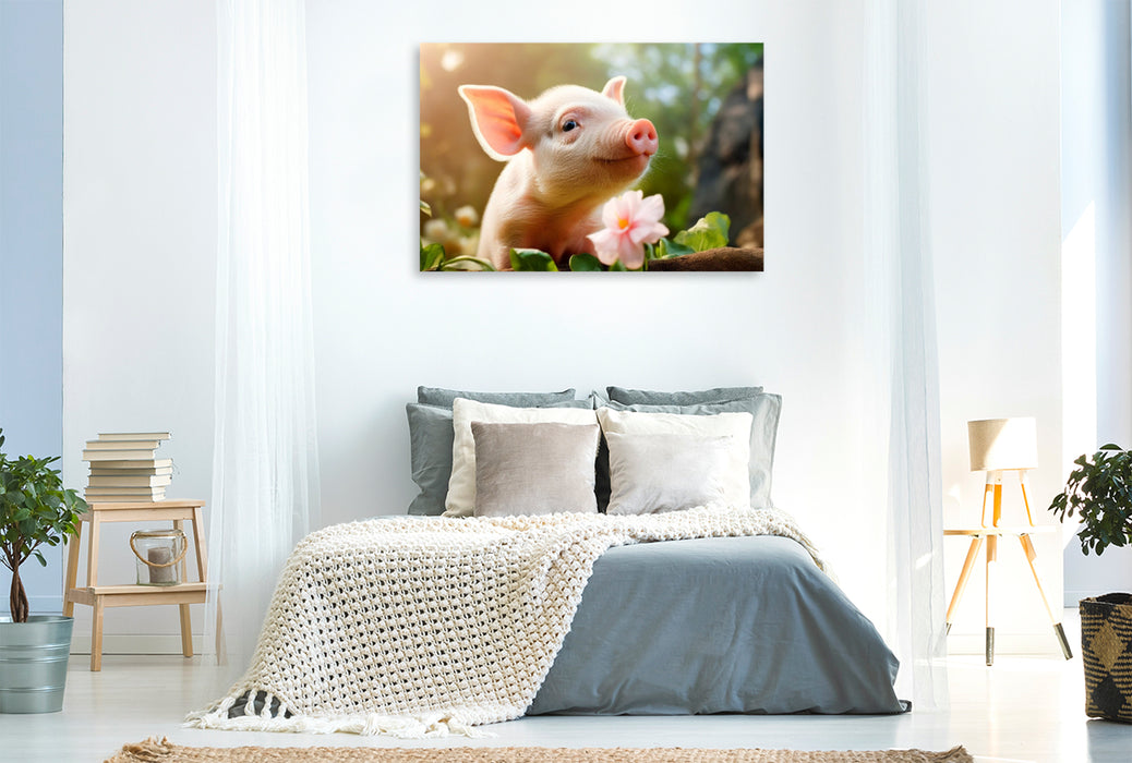 Premium Textil-Leinwand Niedliches Ferkel im Garten