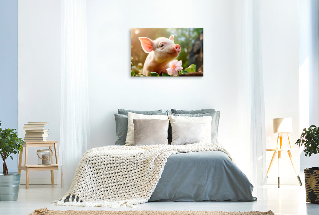 Premium Textil-Leinwand Niedliches Ferkel im Garten