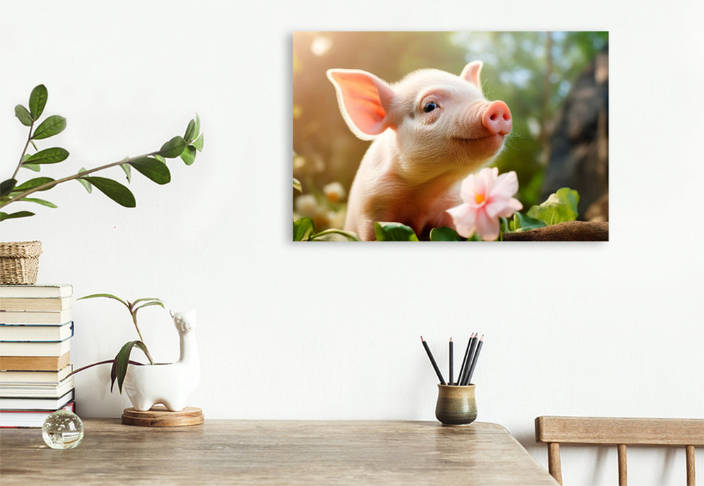 Premium Textil-Leinwand Niedliches Ferkel im Garten