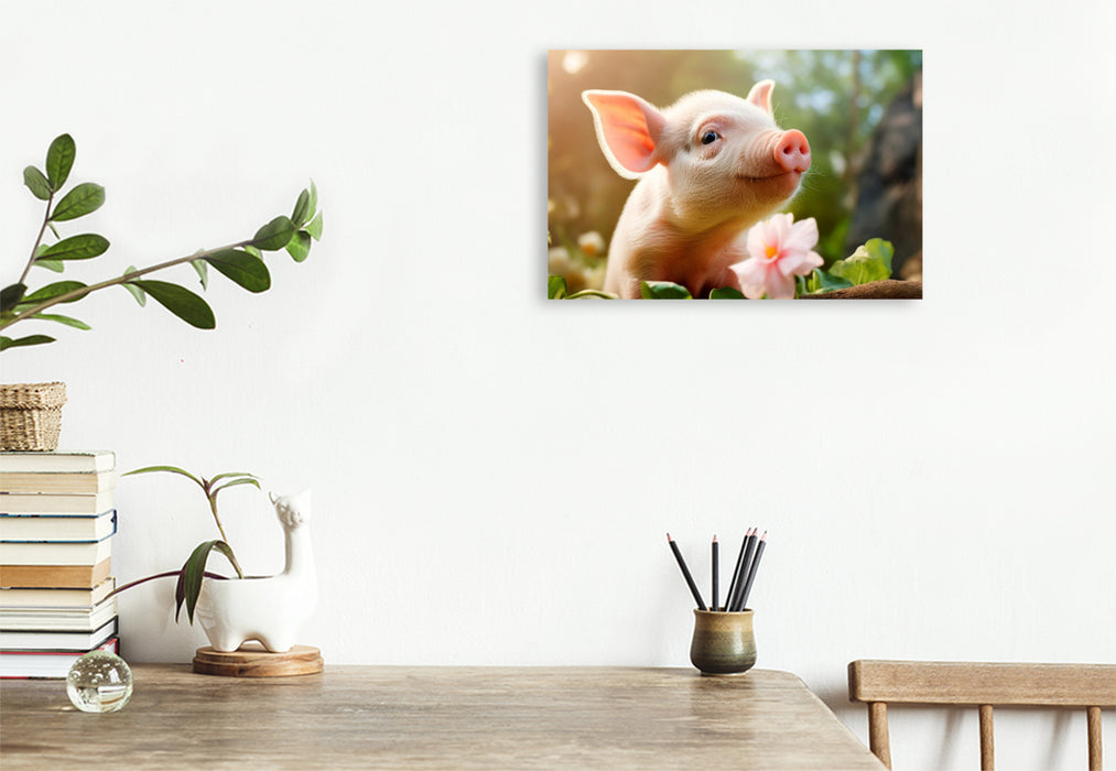 Premium Textil-Leinwand Niedliches Ferkel im Garten