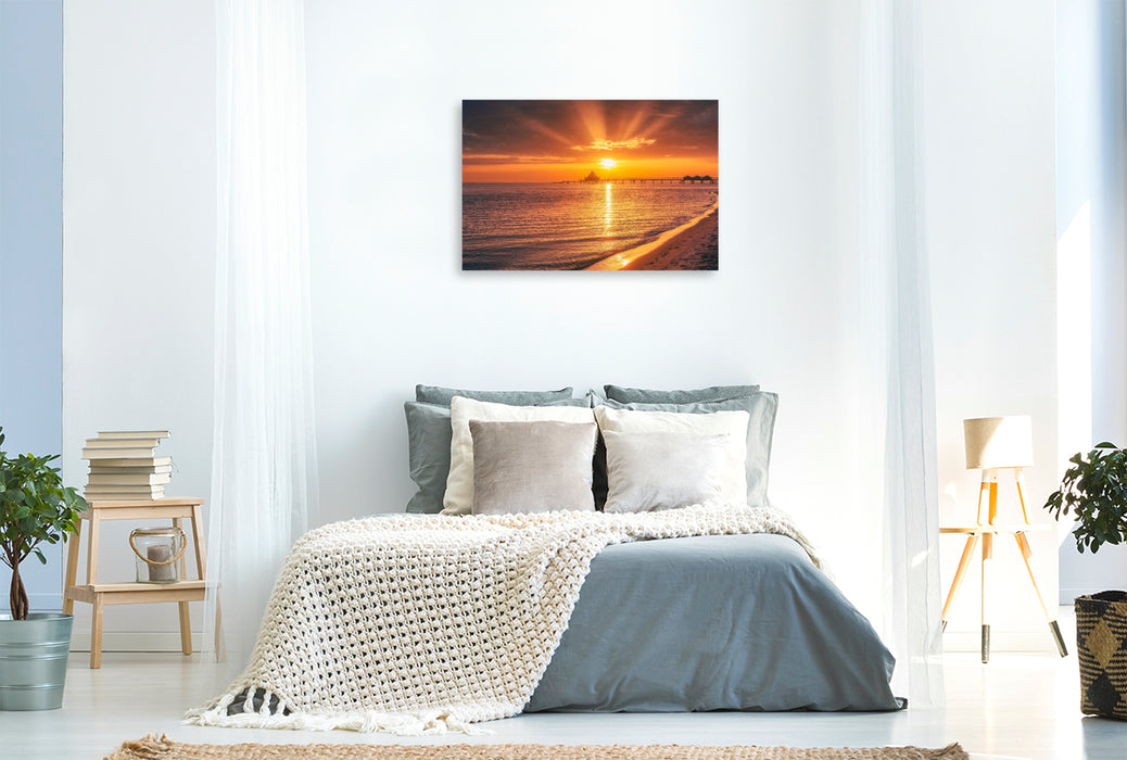 Premium Textil-Leinwand Seebrücke im Sonnenaufgang