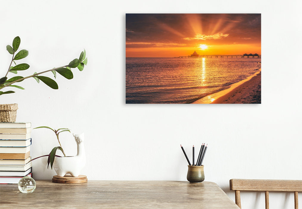 Premium Textil-Leinwand Seebrücke im Sonnenaufgang