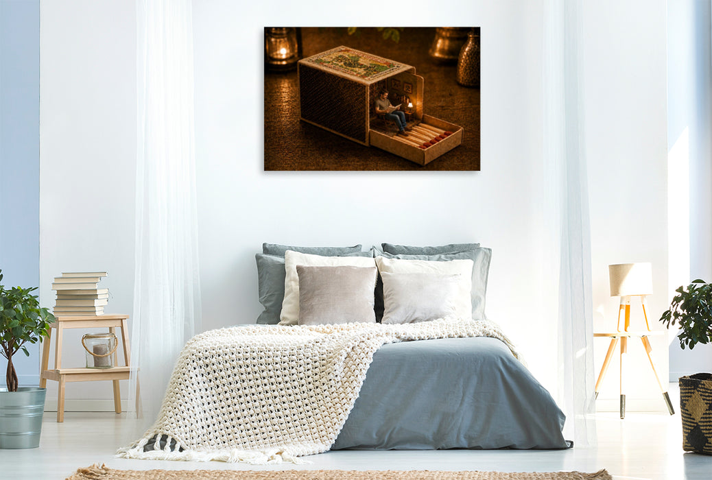Premium Textil-Leinwand Lesestunde in der Streichholzschachtel