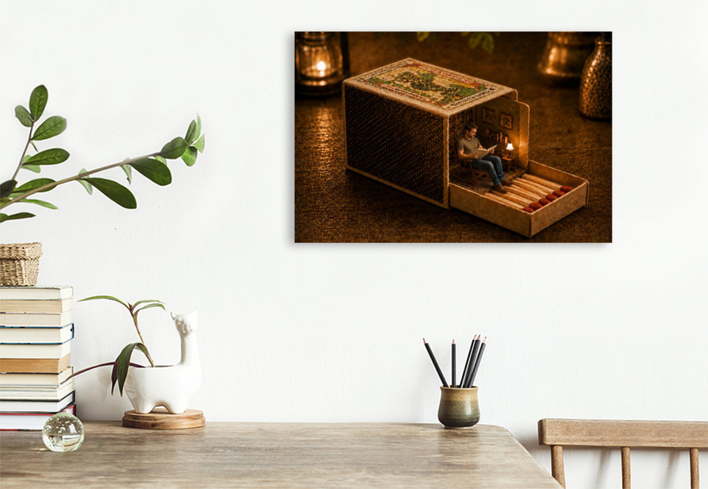 Premium Textil-Leinwand Lesestunde in der Streichholzschachtel
