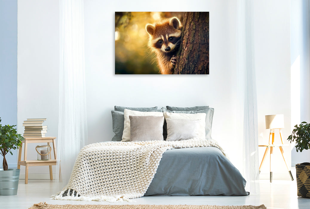 Premium Textil-Leinwand Waschbär - Neugieriger Besucher