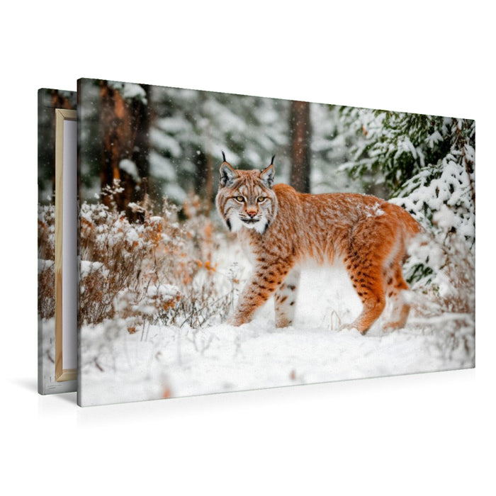 Premium Textil-Leinwand Luchs - Begegnung im Winterwald