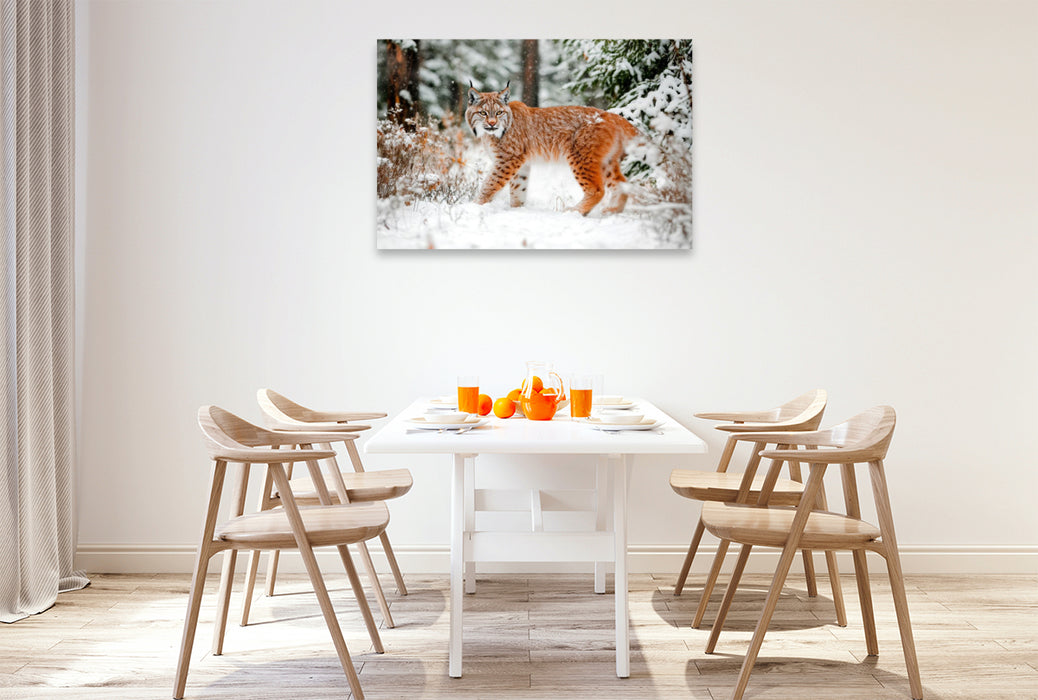 Premium Textil-Leinwand Luchs - Begegnung im Winterwald
