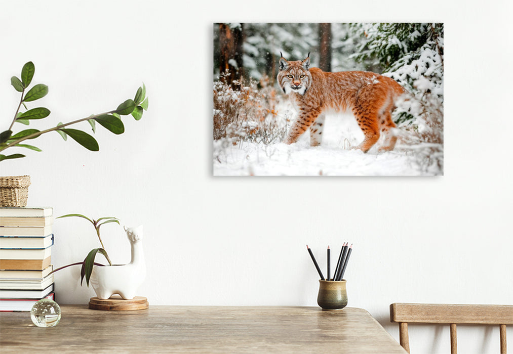 Premium Textil-Leinwand Luchs - Begegnung im Winterwald