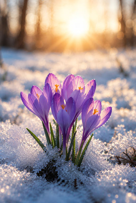 Premium Textil-Leinwand Krokusse im winterlichen Sonnenlicht