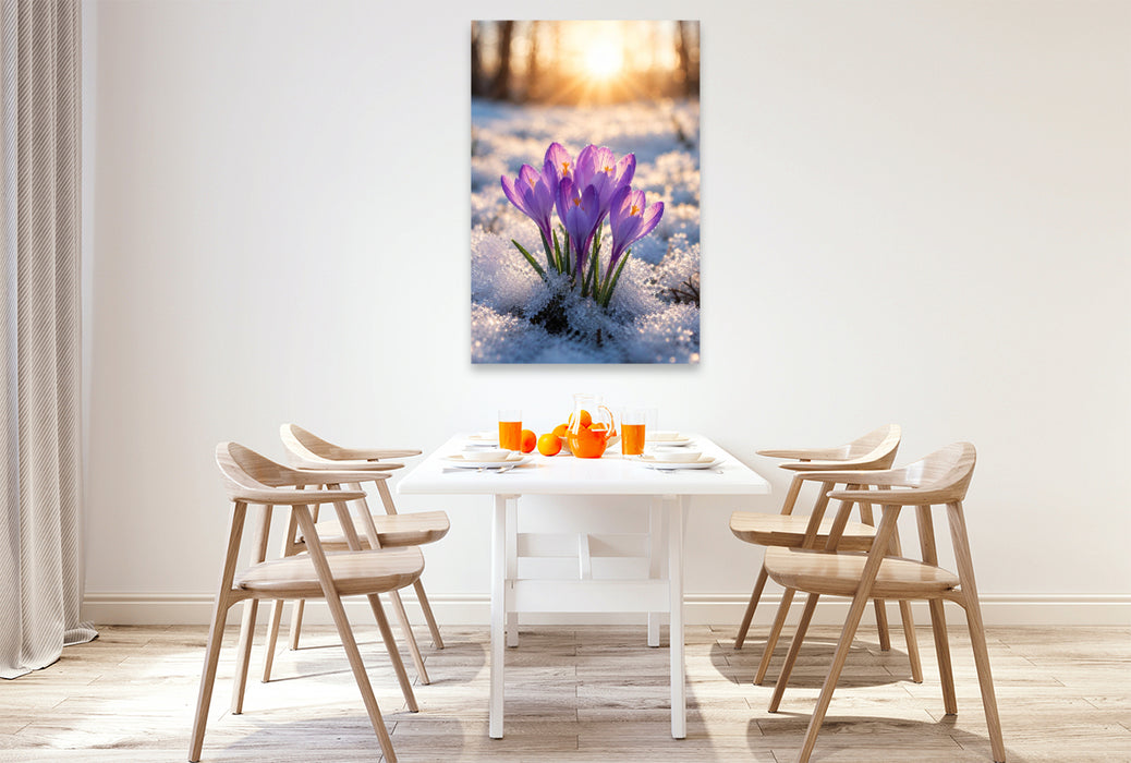 Premium Textil-Leinwand Krokusse im winterlichen Sonnenlicht