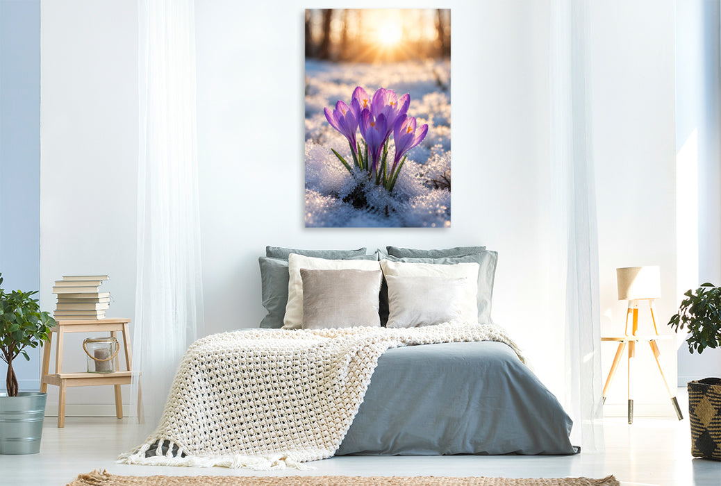 Premium Textil-Leinwand Krokusse im winterlichen Sonnenlicht