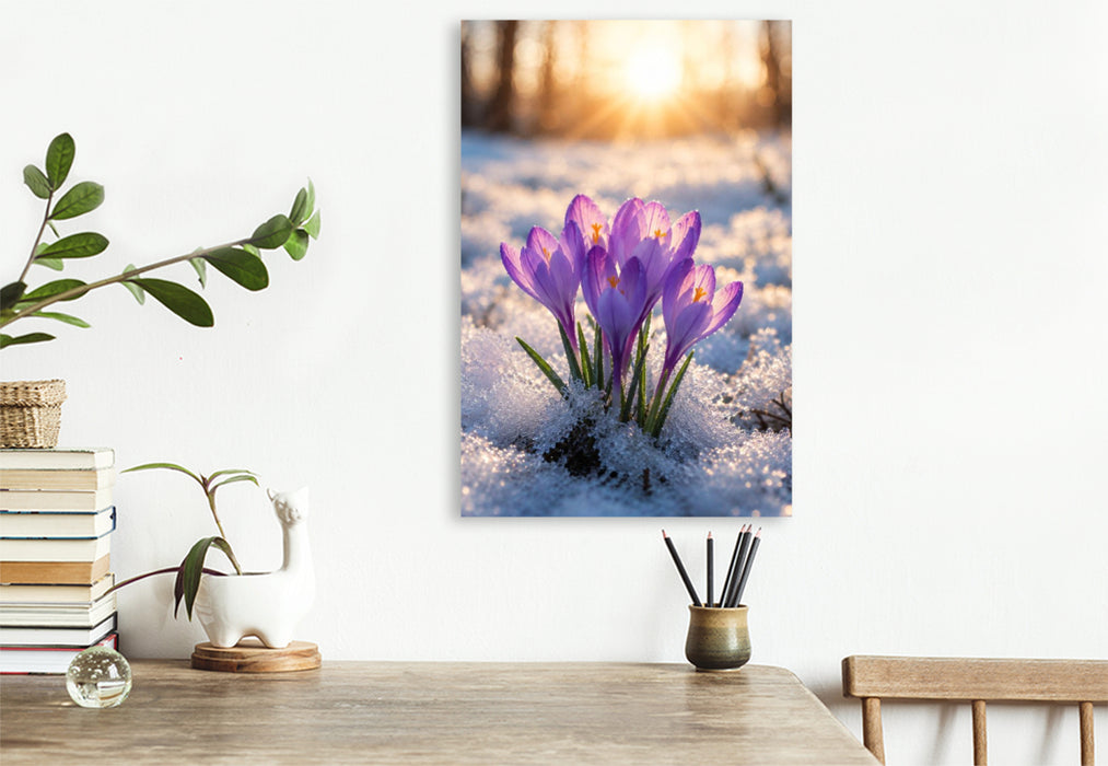 Premium Textil-Leinwand Krokusse im winterlichen Sonnenlicht