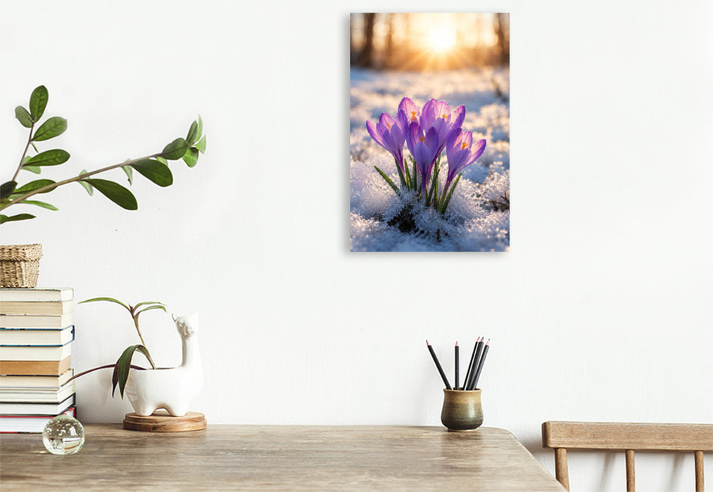 Premium Textil-Leinwand Krokusse im winterlichen Sonnenlicht