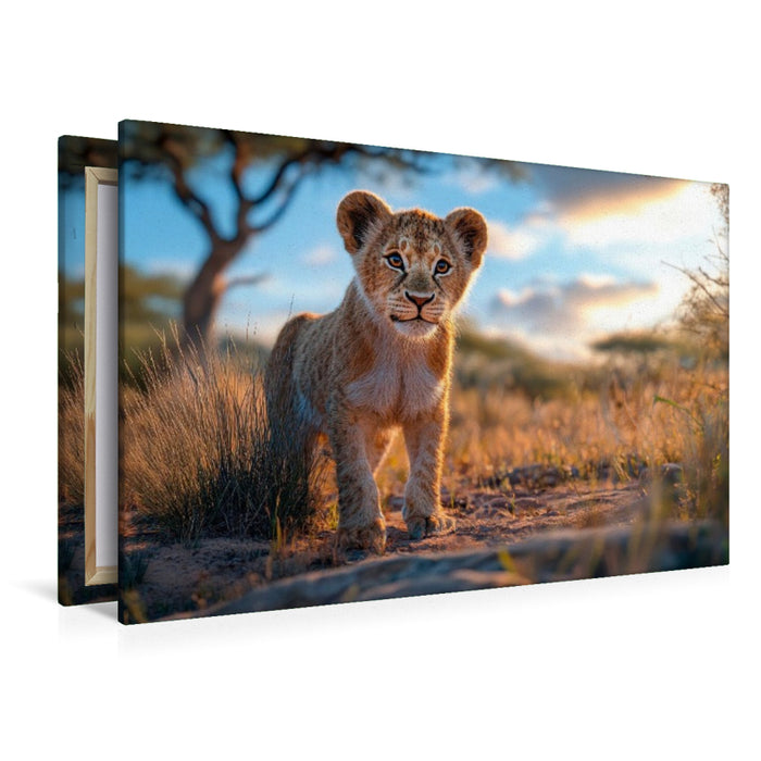 Premium Textil-Leinwand Löwenjunges im Abendlicht
