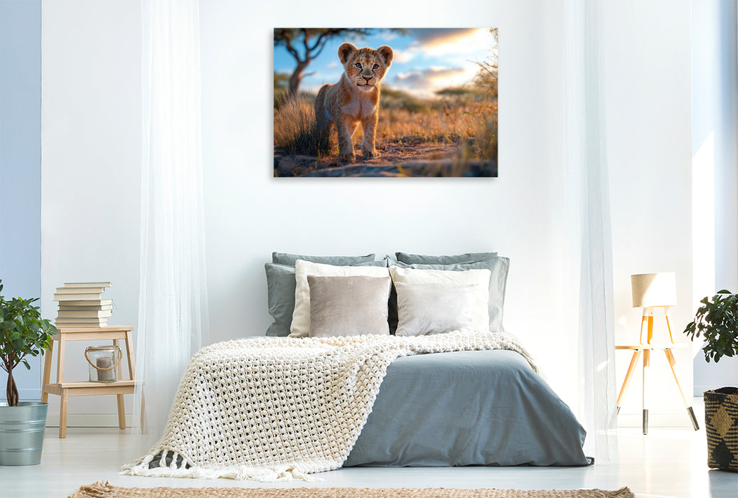 Premium Textil-Leinwand Löwenjunges im Abendlicht