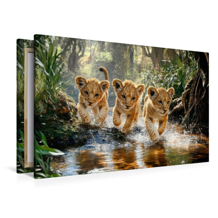 Premium Textil-Leinwand Löwenkinder in der Wildnis