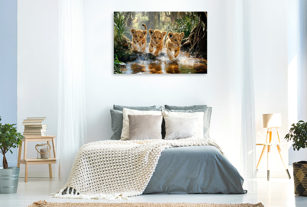 Premium Textil-Leinwand Löwenkinder in der Wildnis