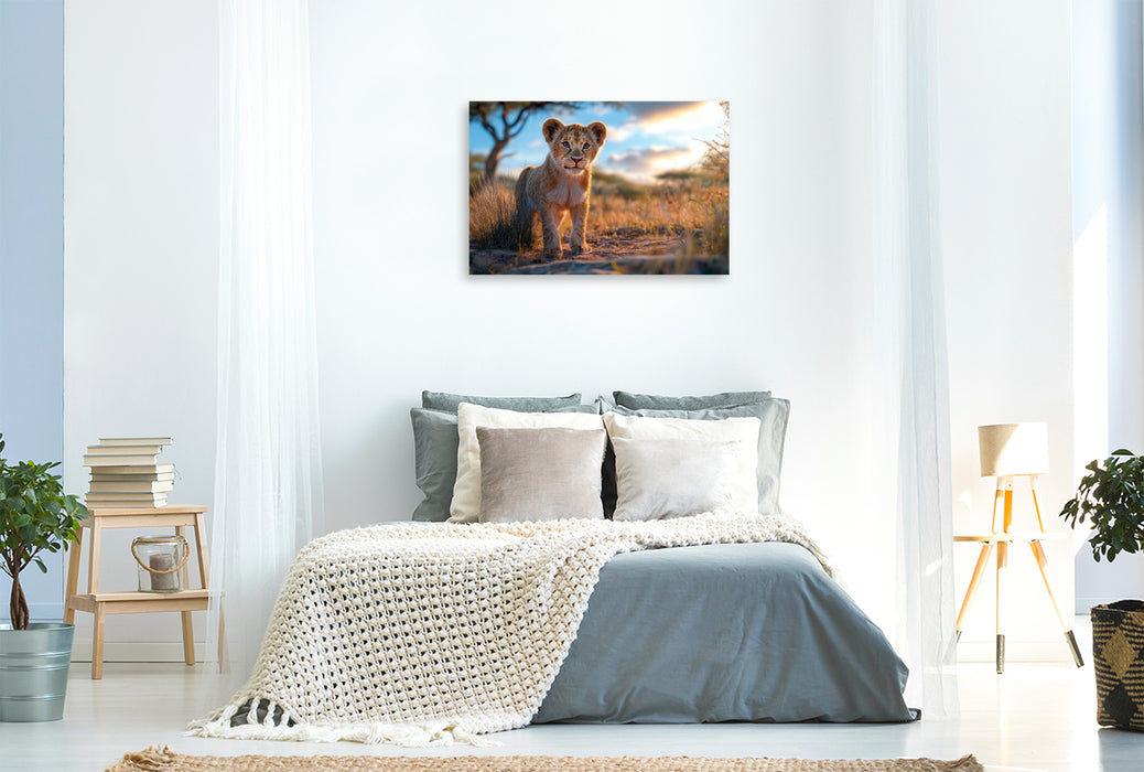 Premium Textil-Leinwand Löwenjunges im Abendlicht