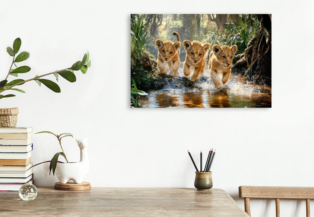 Premium Textil-Leinwand Löwenkinder in der Wildnis