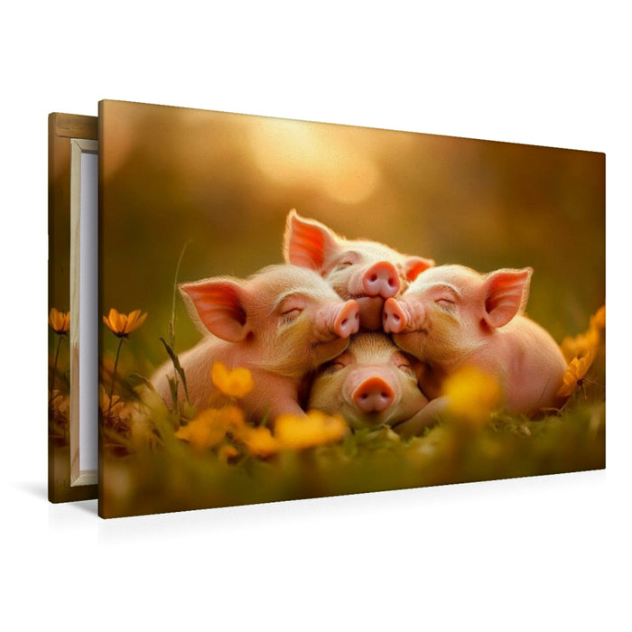 Premium Textil-Leinwand Ferkel - Vier kleine Glücksbringer