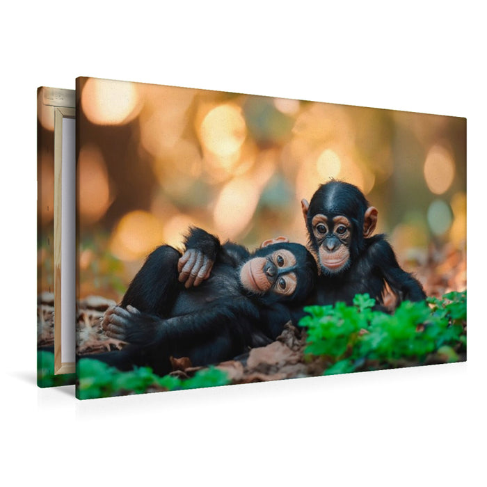 Premium Textil-Leinwand Schimpansenkinder - Sprache der Freundschaft