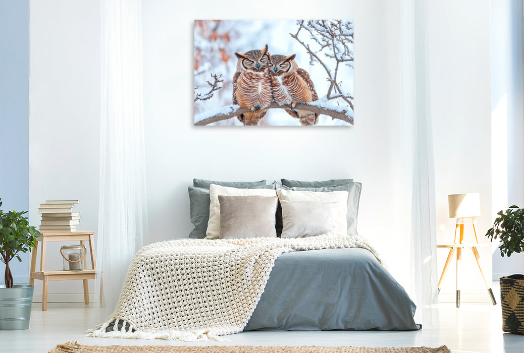 Premium Textil-Leinwand Eulenpaar im Schneewald