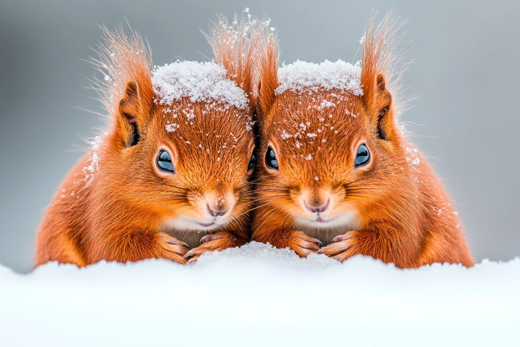 Premium Textil-Leinwand Kuschelige Eichhörnchen im Winterzauber