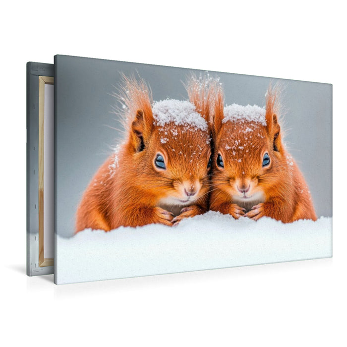 Premium Textil-Leinwand Kuschelige Eichhörnchen im Winterzauber