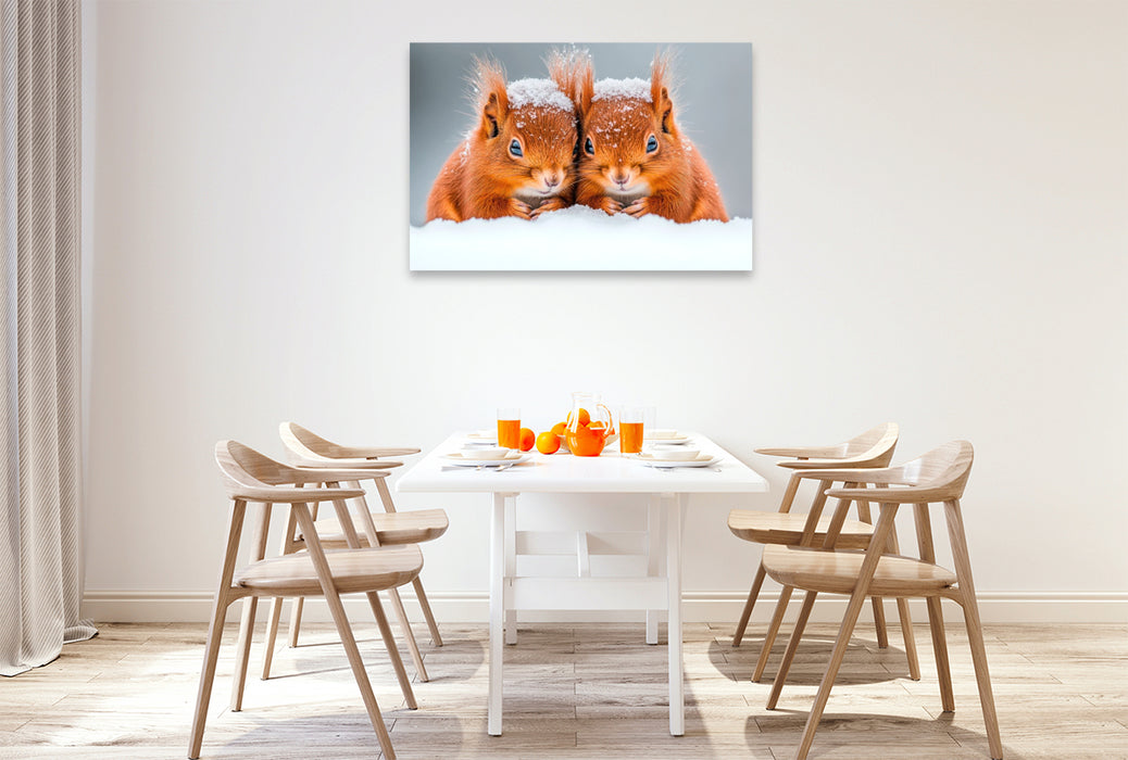 Premium Textil-Leinwand Kuschelige Eichhörnchen im Winterzauber