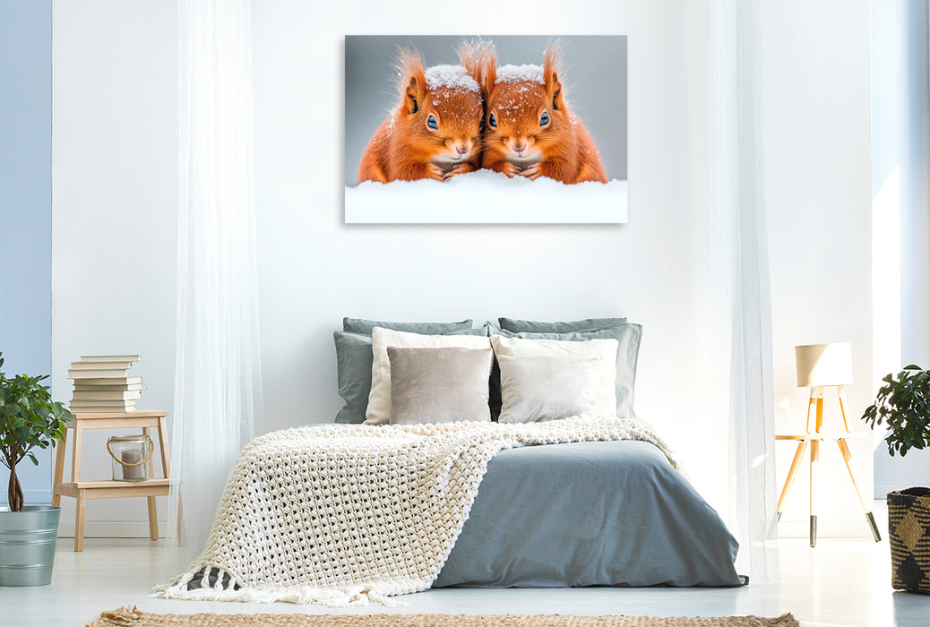 Premium Textil-Leinwand Kuschelige Eichhörnchen im Winterzauber