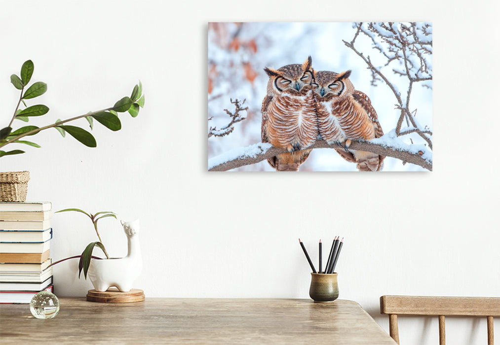 Premium Textil-Leinwand Eulenpaar im Schneewald