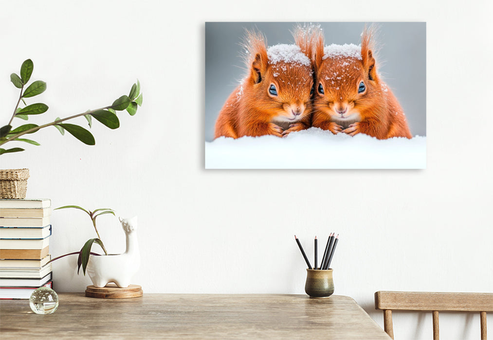 Premium Textil-Leinwand Kuschelige Eichhörnchen im Winterzauber