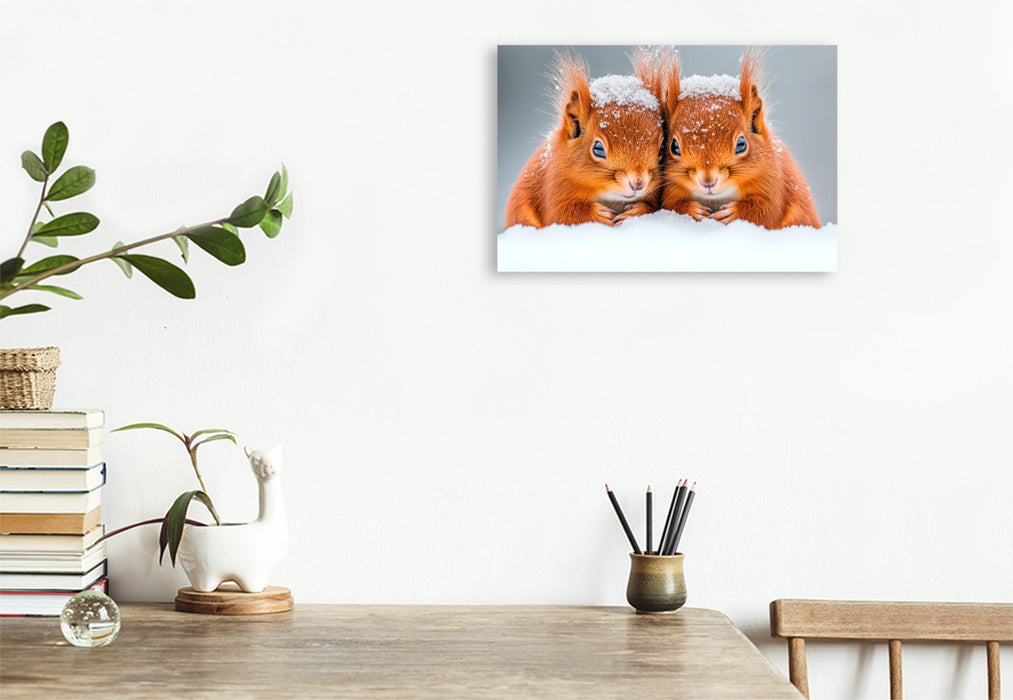 Premium Textil-Leinwand Kuschelige Eichhörnchen im Winterzauber