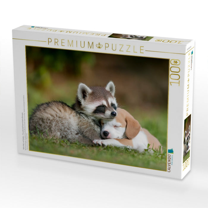 Waschbär und Welpe - Freundschaft kennt keine Grenzen - CALVENDO Foto-Puzzle'