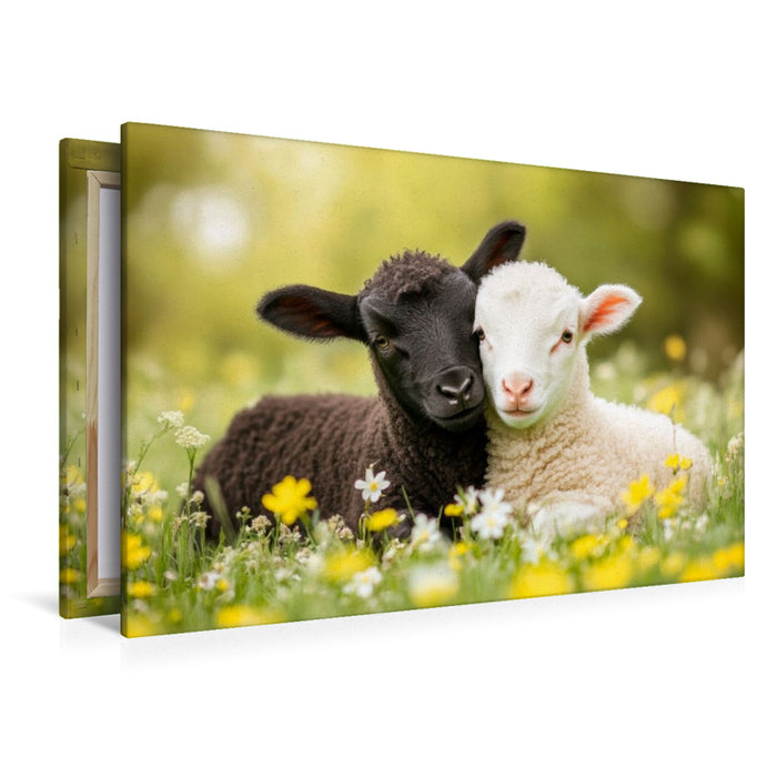 Premium Textil-Leinwand Lämmer - Moment der Geborgenheit