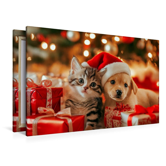 Premium Textil-Leinwand Katzenbaby und Welpe - Weihnachtliche Kuschelzeit