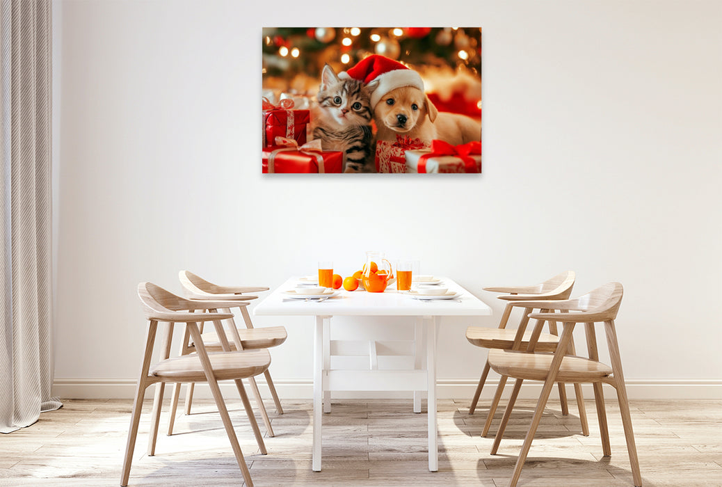 Premium Textil-Leinwand Katzenbaby und Welpe - Weihnachtliche Kuschelzeit