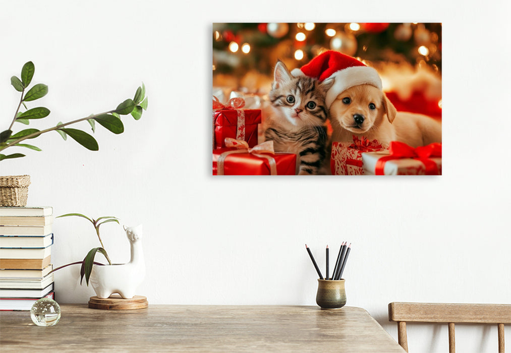Premium Textil-Leinwand Katzenbaby und Welpe - Weihnachtliche Kuschelzeit