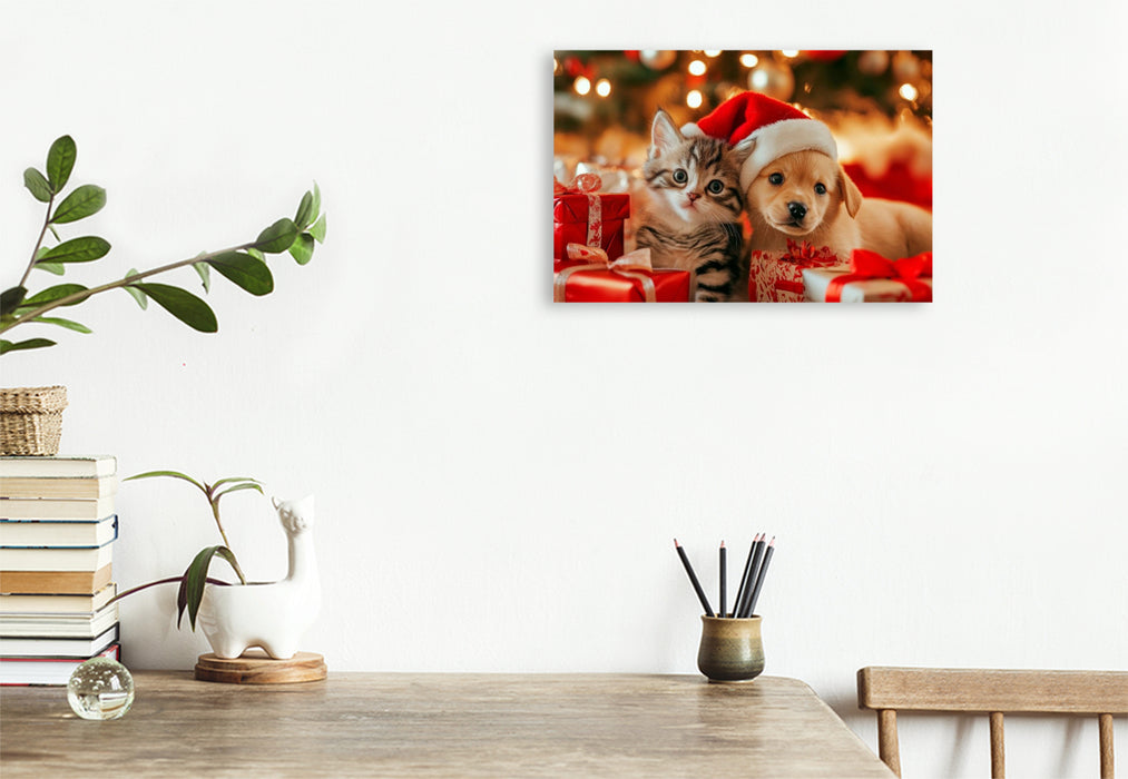 Premium Textil-Leinwand Katzenbaby und Welpe - Weihnachtliche Kuschelzeit