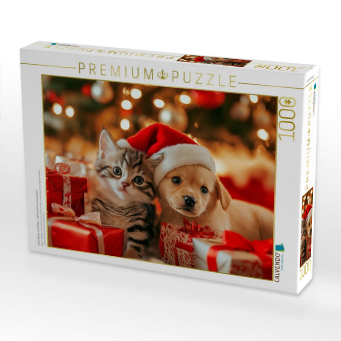 Katzenbaby und Welpe - Weihnachtliche Kuschelzeit - CALVENDO Foto-Puzzle'