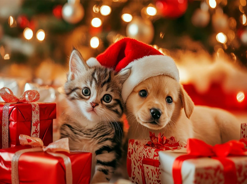 Katzenbaby und Welpe - Weihnachtliche Kuschelzeit - CALVENDO Foto-Puzzle'