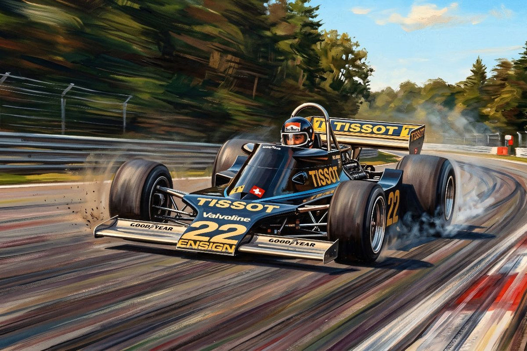 Premium Textil-Leinwand In der Weltmeisterschaft der Formel 1 des Jahres 1976 war Jacky Ickx im Ensign-Ford eher glücklos.