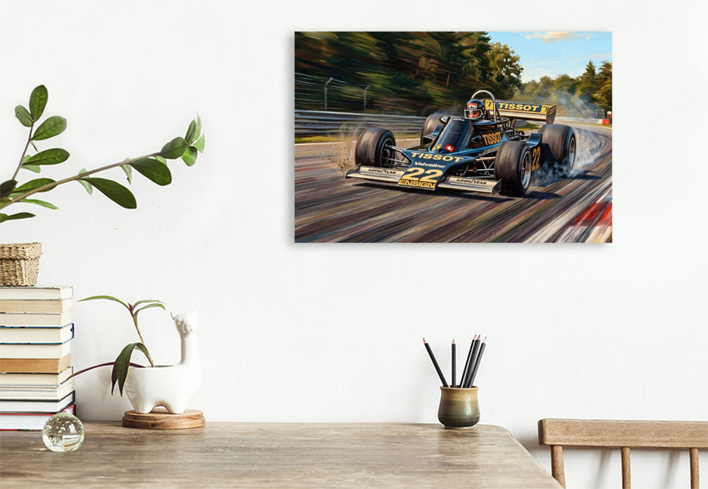 Premium Textil-Leinwand In der Weltmeisterschaft der Formel 1 des Jahres 1976 war Jacky Ickx im Ensign-Ford eher glücklos.